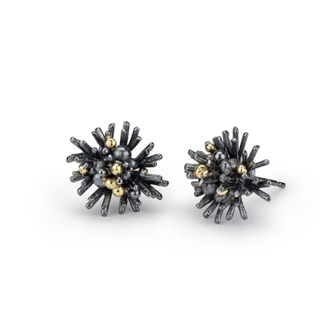 Sea Urchin Earrings - oxidised silver & 18ct gold