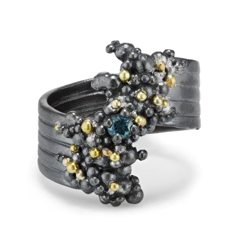 Whorl Sapphire Solitaire Ring Oxidised Silver and Gold